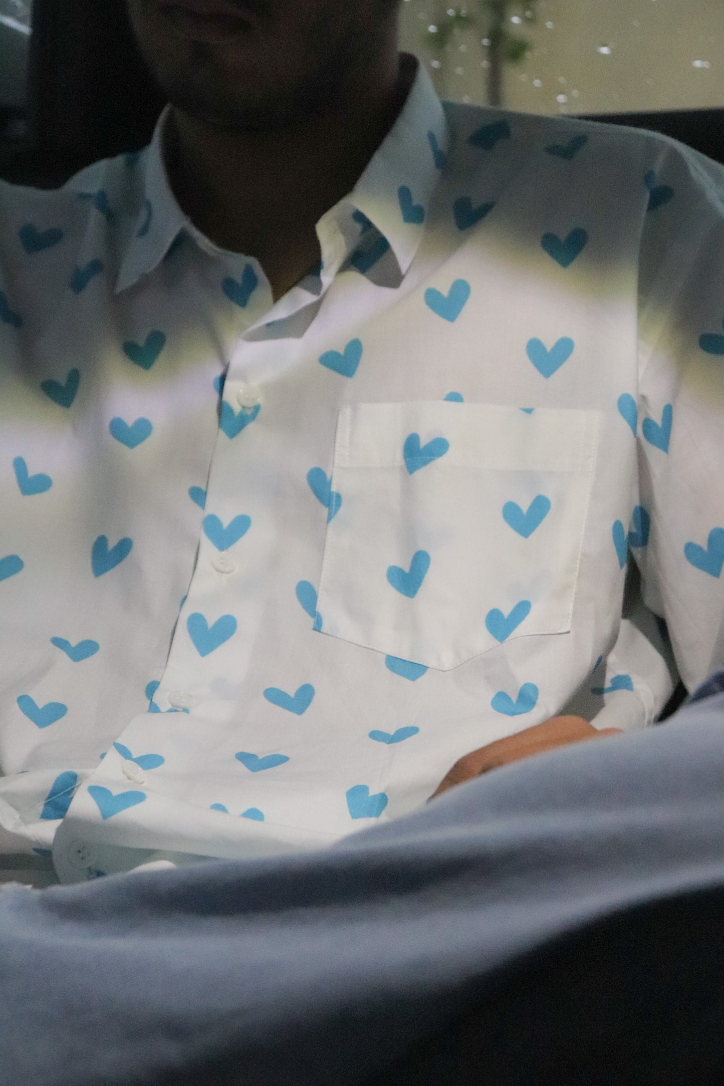 Pause | Blue Heart Print Cotton Shirt | Unisex