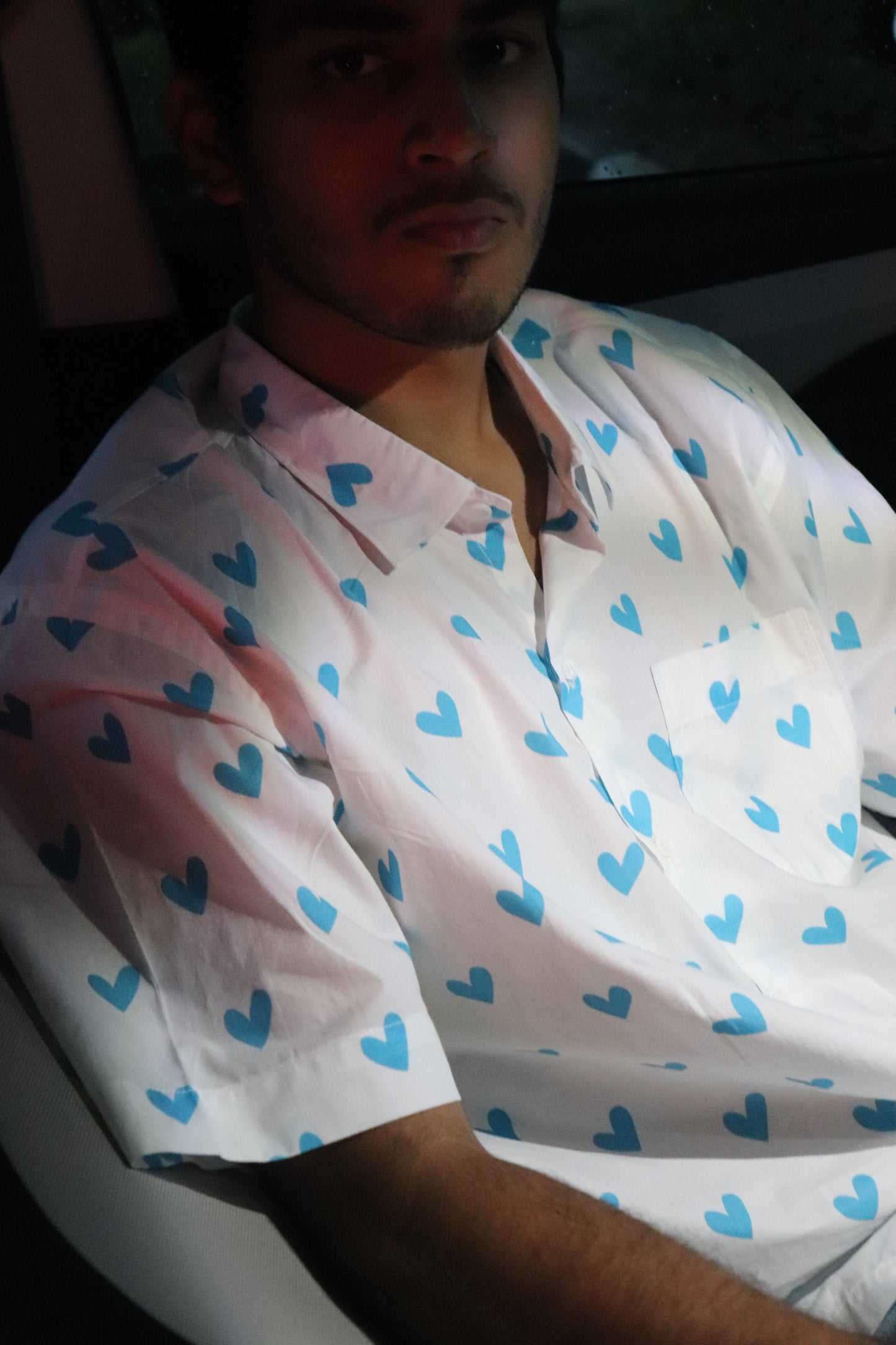 Pause | Blue Heart Print Cotton Shirt | Unisex