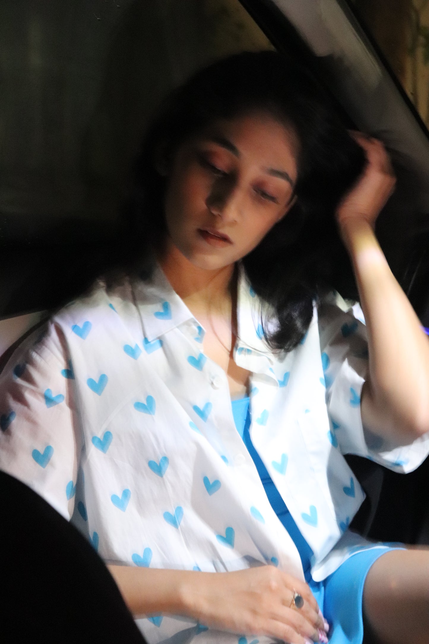 Pause | Blue Heart Print Cotton Shirt | Unisex